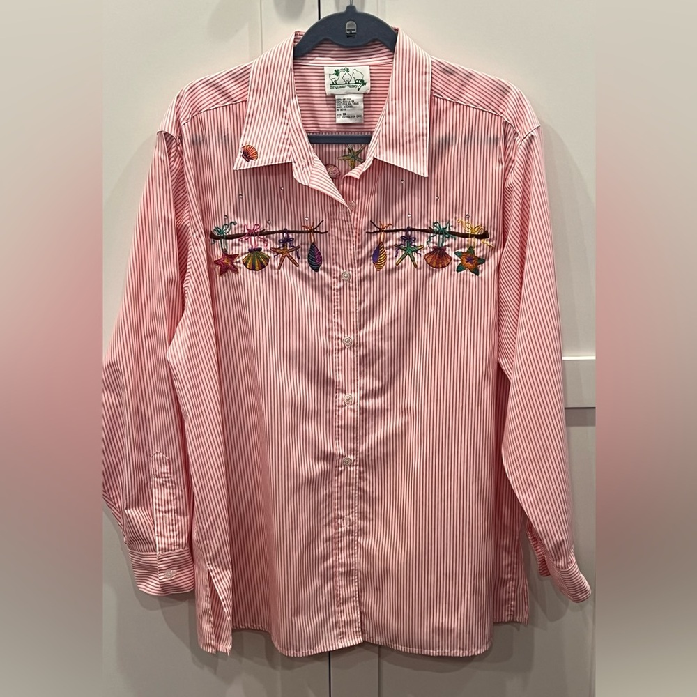 Quacker Factory Pink Striped Embroidered Button Down Shirt